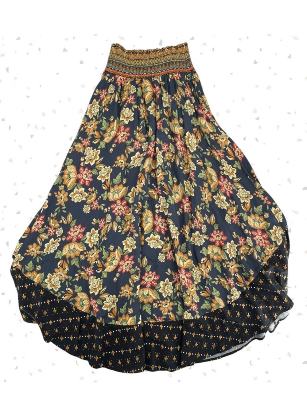 Farm Rio Boho Floral Maxi Skirt Black Tan Blue Mixed Flower Print Cottage Size S